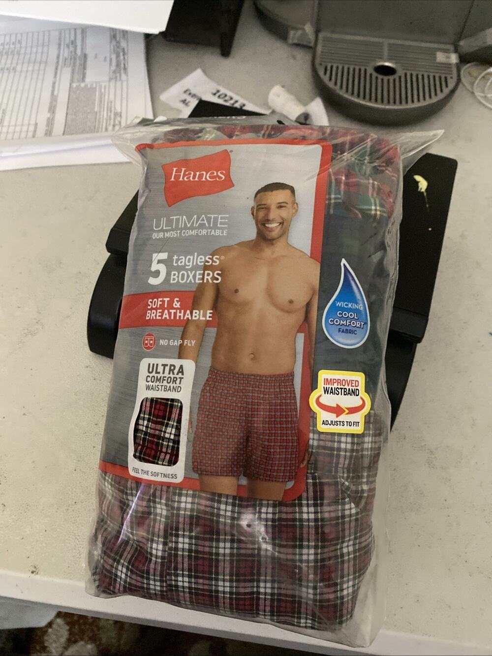 Hanes Men 5-Pack Ultimate Woven Moisture-Wicking Boxer Underwear Tartan Plaid XL